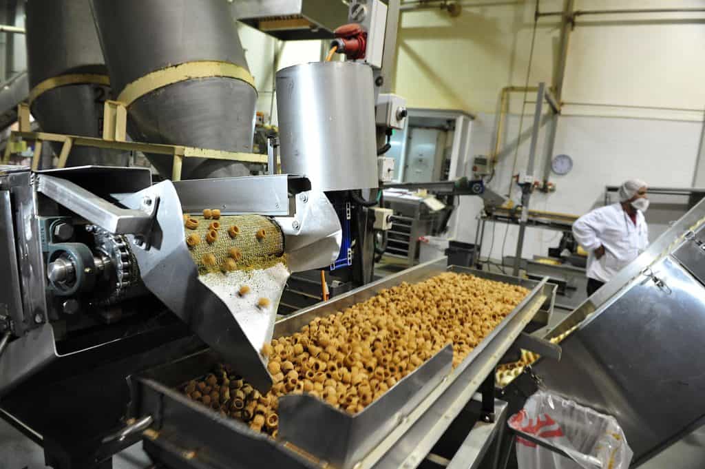 Food manufacturing line processing cereal product on conveyor with worker in production facility
