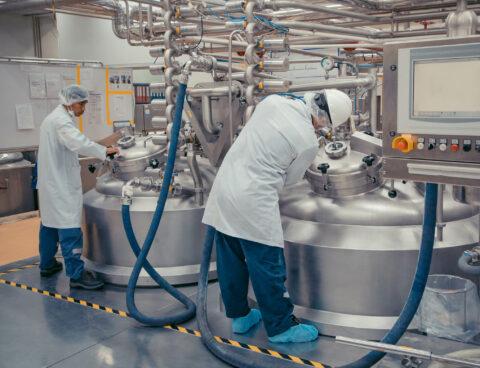 Industrial food manufacturing mixing tanks in a clean production facility