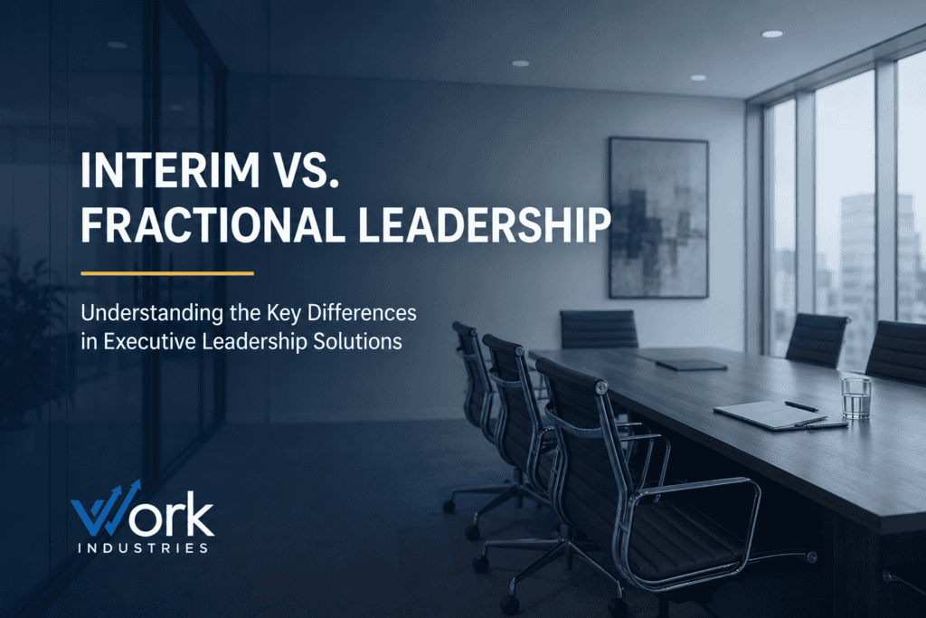 Executive boardroom illustrating the comparison between interim and fractional leadership solutions for growing businesses