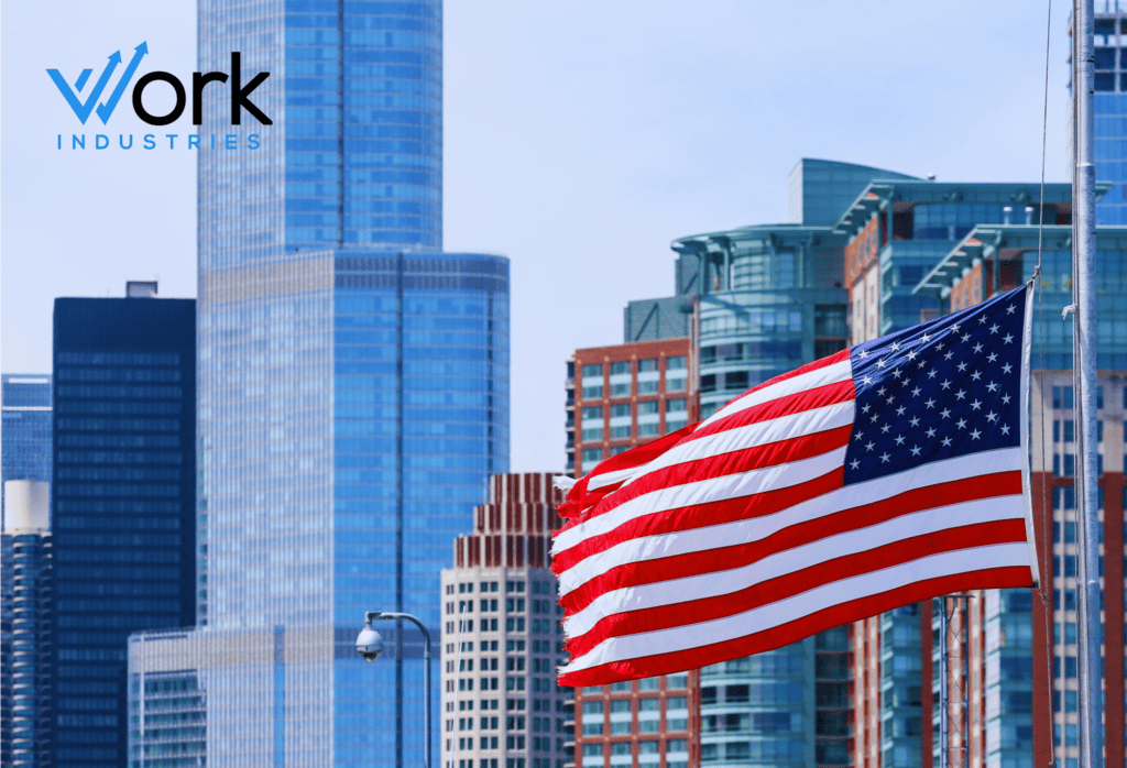 American flag in front of a U.S. city skyline representing market entry and business expansion into the United States